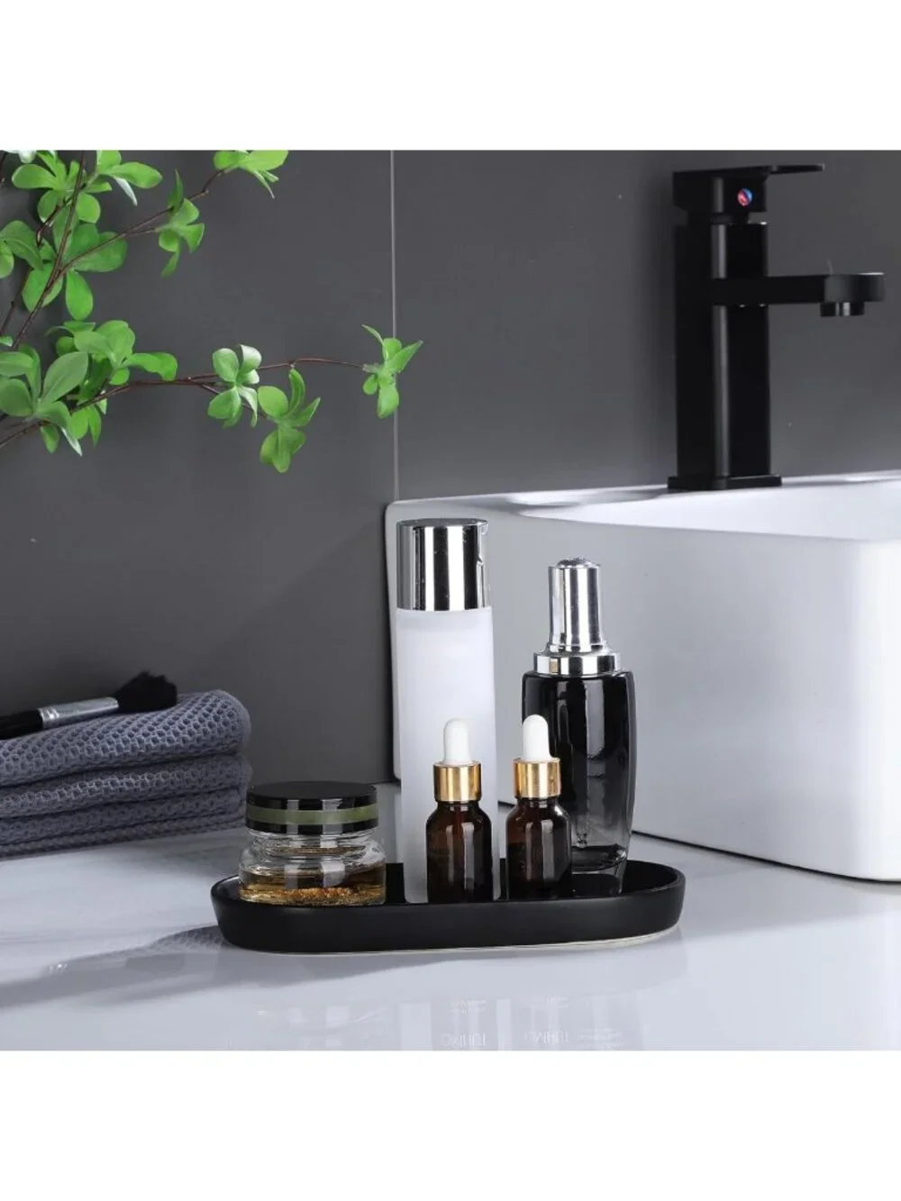 Matte Black Ceramic Vanity Tray - 8'' Round Soap Dispenser, Jewelry & Cosmetic